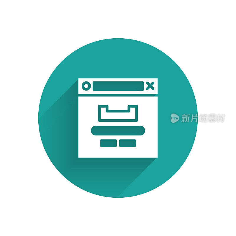 White Browser window icon isolated with long shadow. Green circle button. Vector Illustration